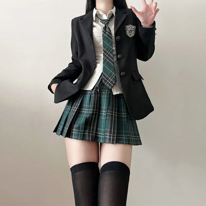 JK Uniform Suit Plaid Skirt Suit Slim Girl Pure Desire Pink Summer School Sister Battle Robe Tight School Uniform