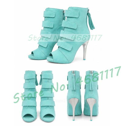 Blue Suede Peep Toe Short Boots Women Trendy Multi Straps Design Fringes Warm Boots Cool Side Zipper High Heels Splicing Shoes
