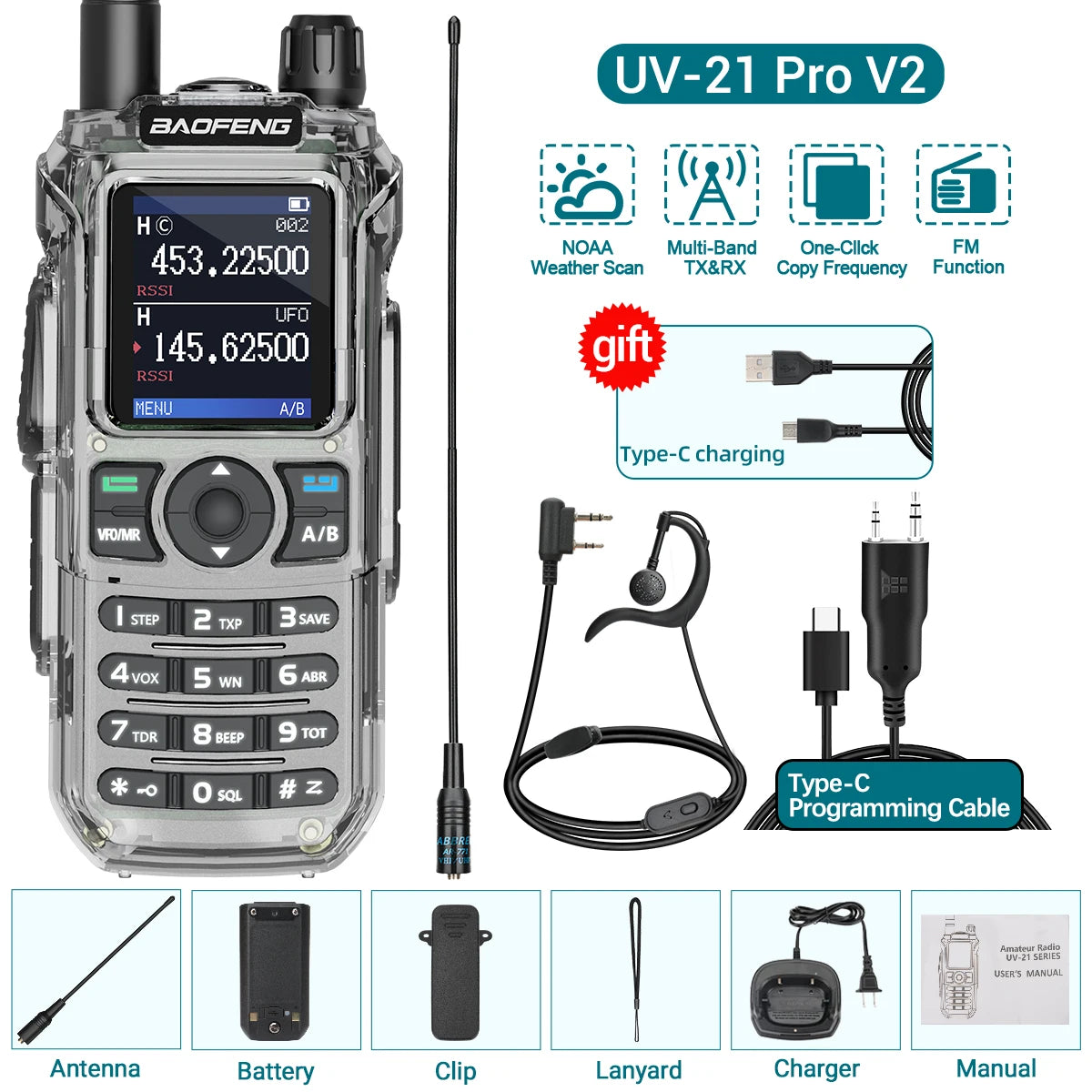 BAOFENG UV-21 PRO Walkie Talkie Wireless Copy Frequency High Power Multi-Band Type-C Charger Long Range Upgrade V2 Ham Radio