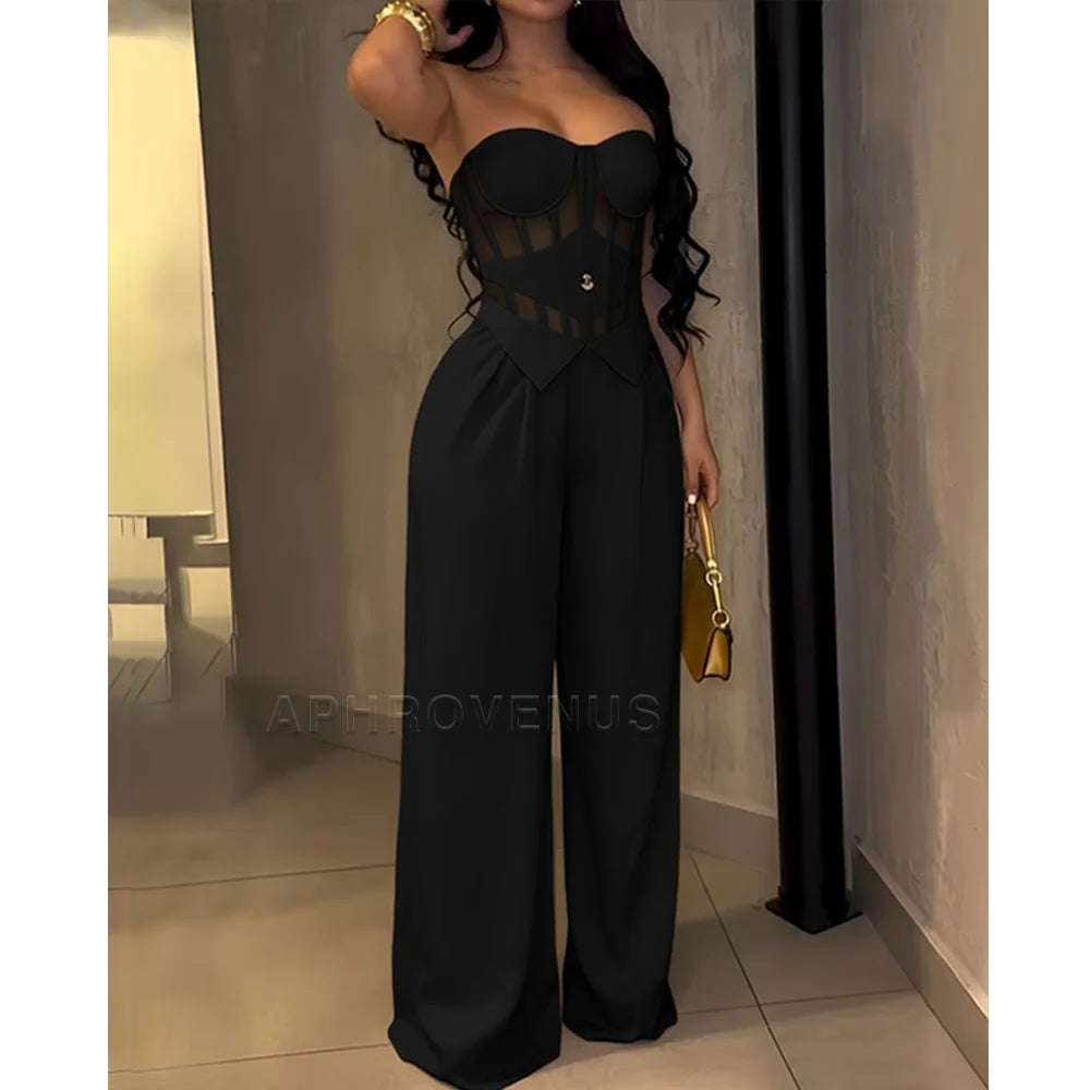 Women's Sexy Strapless Solid Color Jumpsuit Slimming High Waist Wide Leg Long Pants Elegant Party Romper Classy Clubwear Outfit
