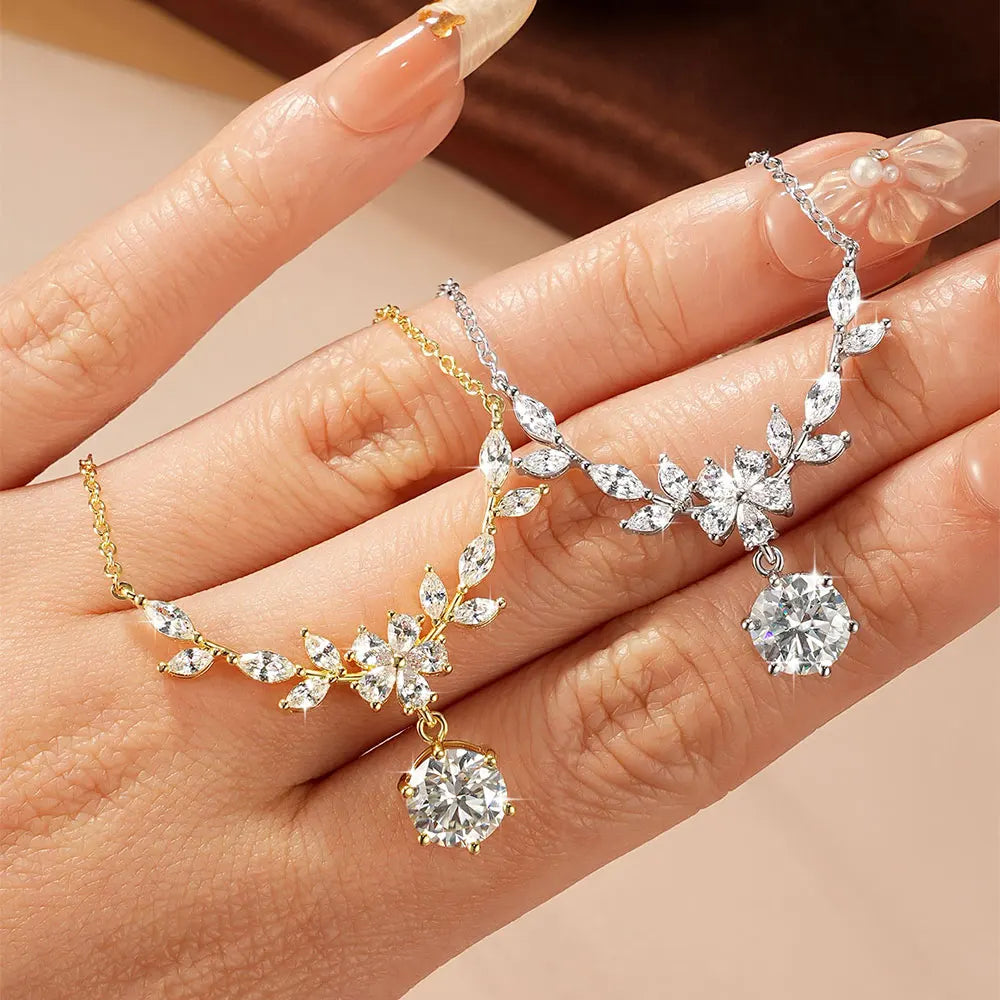RAPRGOLD GRA Certified 2CT Moissanite Luxury Flower Pendant Necklaces for Women 14k Gold Filled Chains Neck Fine Jewelry Gifts