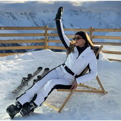 Chic Faux Fur Patchwork Women's Ski Jumpsuit High Wait Belt Zippers Pocket Lady Ski Wear 2025 Winter Spring Female Romper