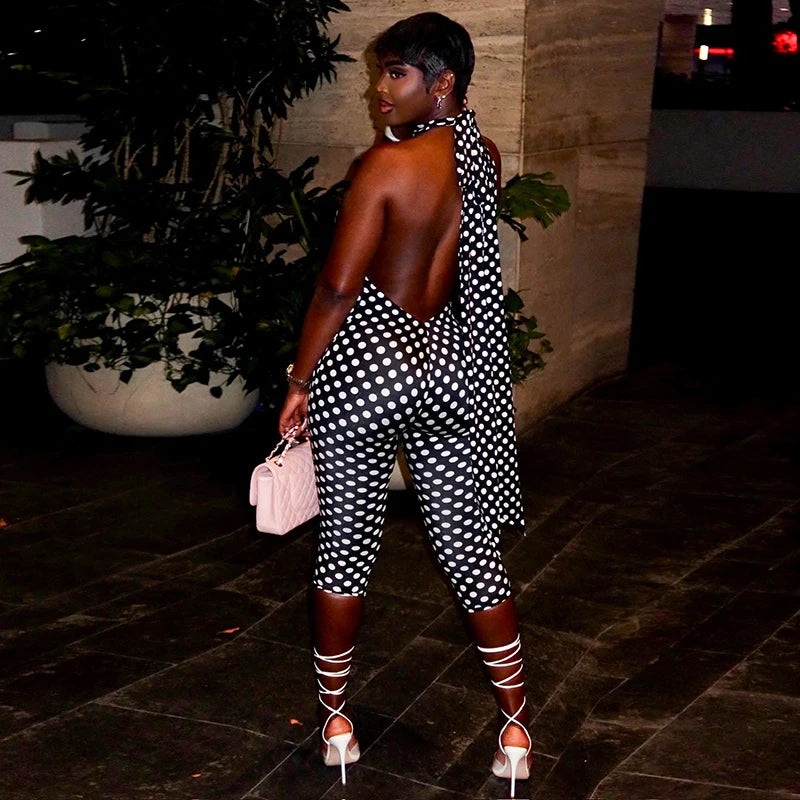 Polka dot print neck strap, big backless, tight fitting and slimming seven part jumpsuit