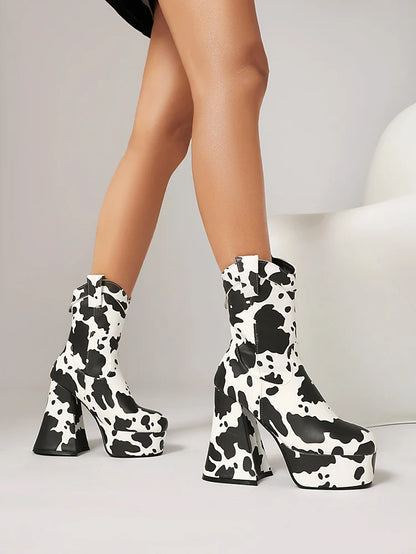 Microfiber Cow Pattern Slip On Short Boots Ultra-High Shaped Tapered Thick Heel Platform Denim Material Ankle Boots