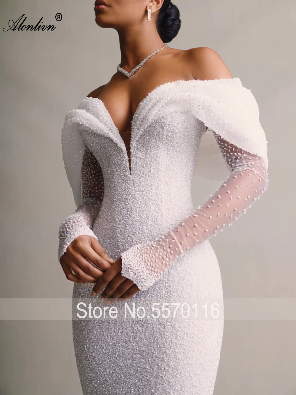 Alonlivn Custom Made Shiny Beading Pearls Mermaid Wedding Dresses Off-the-Shoulder Sleeves Removable Train 2 In 1 Bride Gowns