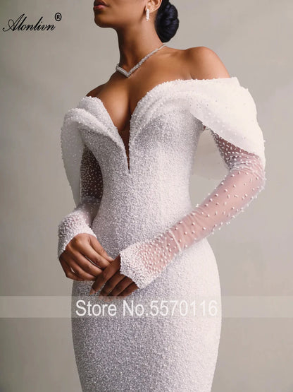 Alonlivn Custom Made Shiny Beading Pearls Mermaid Wedding Dresses Off-the-Shoulder Sleeves Removable Train 2 In 1 Bride Gowns