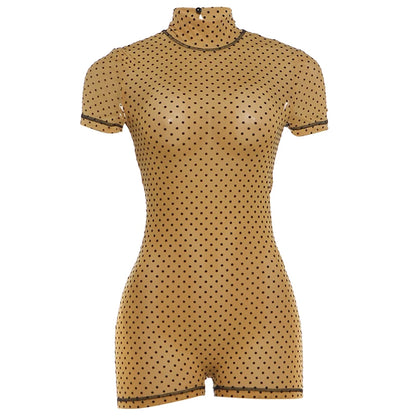 Weird Puss Polka Dot Print Rompers Woman Turtleneck Short Sleeve Backless Skinny Peach Hip Hot Girl Street Sexy Fashion Playsuit