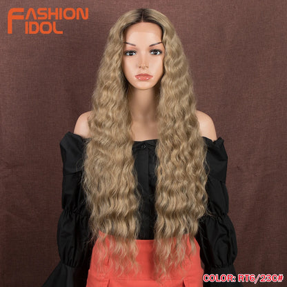 FASHION IDOL 30inch/75cm Water Wave Lace Wigs Synthetic Curly Lace Front Wigs Cosplay Ombre Blonde Hair Wigs For Black Women
