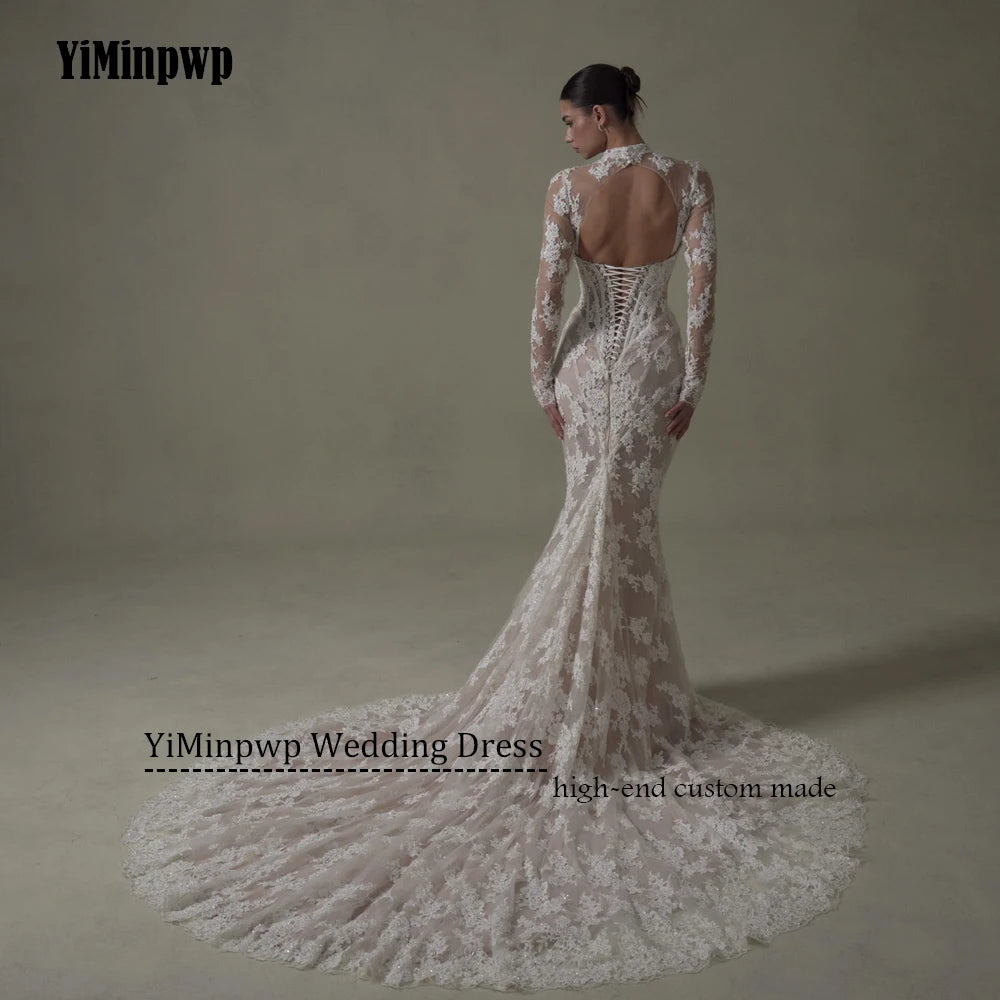 Ivory Lace Mermaid Wedding Dresses for Bride Removable High Neck Long Sleeve Backless Garden Beach Bridal Gown Customized