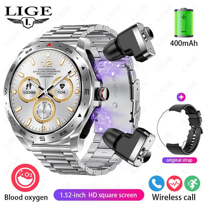 LIGE With Earbuds Bluetooth Headset Smartwatch Women Speaker Tracker Music Sport Watch Men Waterproof Smart Watch AMOLED Screen