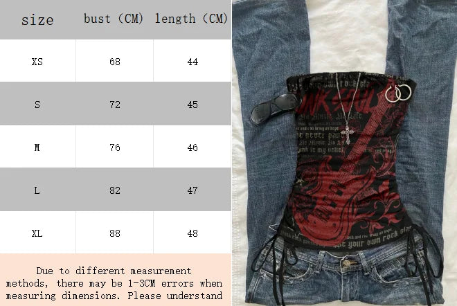 Women's casual retro drawstring front cut vest, suitable for Y2K and guitar prints in spring and summer