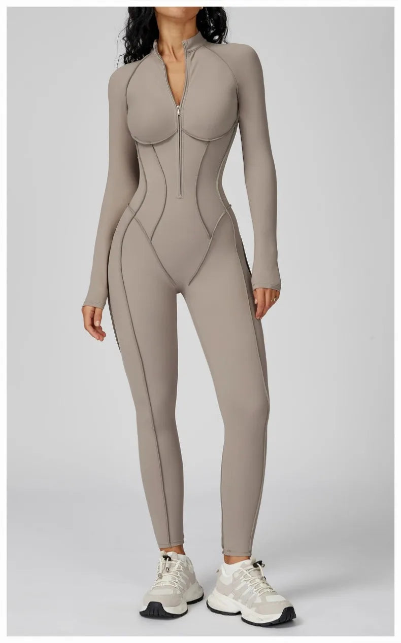 Women's New Sports Bodysuits Fitness Jumpsuit Slim Zipper Neck Sexy Splice Elasticity Jumpsuit Female Gym One Piece Sportswear