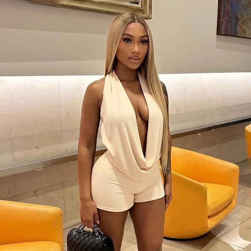 Sexy solid color hanging neck and swinging neck, large backless sleeveless jumpsuit shorts
