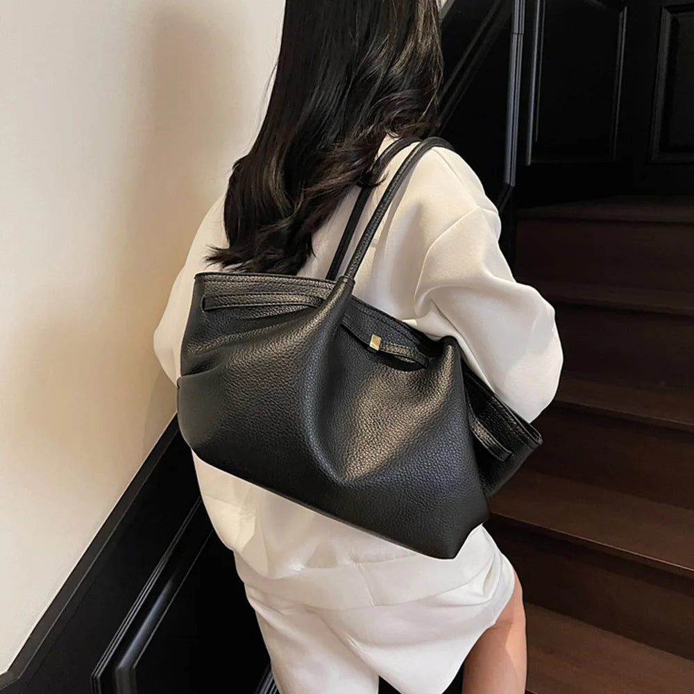 Luxury Lychee Pattern Underarm Shoulder Bags Solid Color PU Leather Women's Handbags Large Capacity Tote Bag Travel