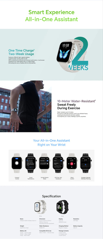 HONOR CHOICE Watch 2i Global Version 14-Day Long Battery life 1.85" AMOLED Screen Smart Watch Bluetooth Call on Watch