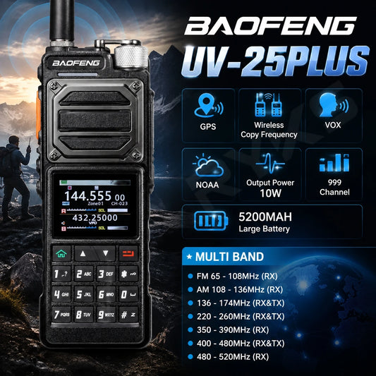 Gps 10W Baofeng Uv-25Plus Walkie Talkie Long Range 5200Mah Battery Am Vhf Uhf Ham Radio For Dm32 Uv32 Uv-25 Pro Max