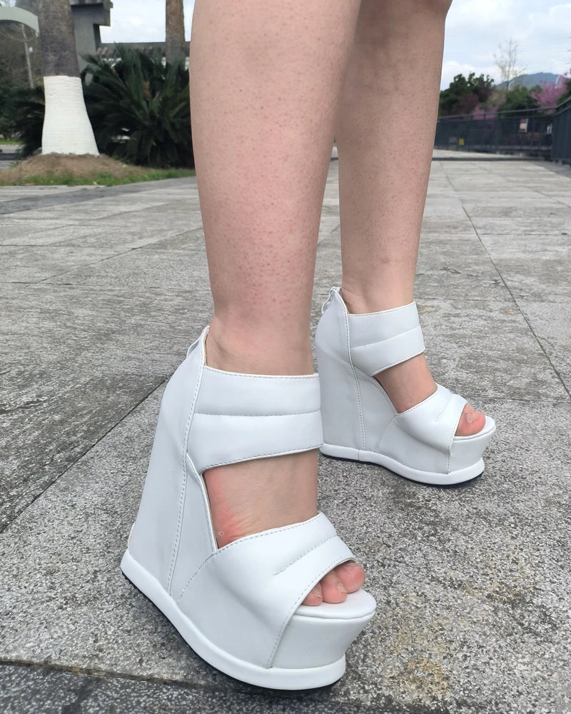 Women Thick Bottom High Heels White Platform Summer Roman Sandals 14CM Gladiator Non-Slip Wedge Shoes Model Sandalies Plus Size