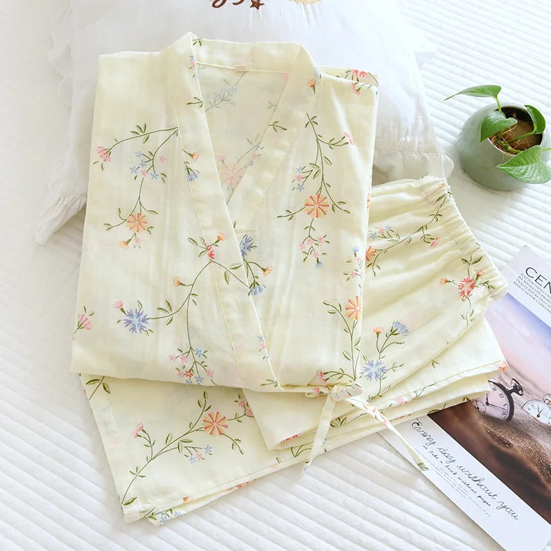 2026 new seven-sleeve Japanese-style kimono pajamas set female spring and autumn 100% cotton gauze home clothes cute sweet two-p