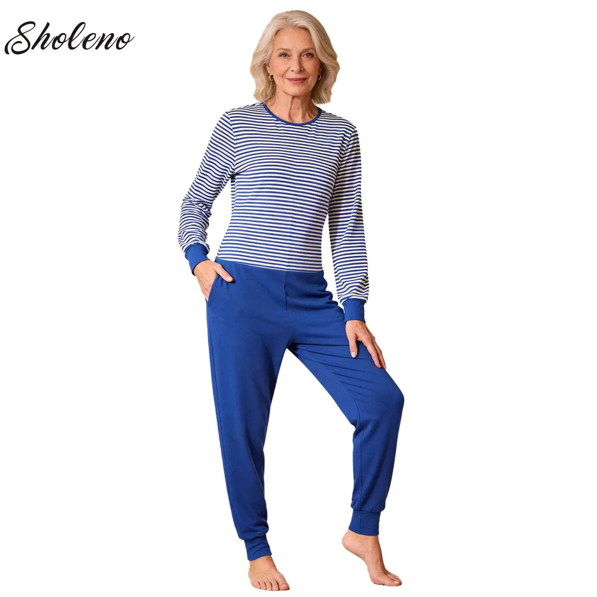 Elderly Men Women Anti-Strip Adaptive Jumpsuit Long Sleeve Striped Zipper One-piece Rompers for Special Needs and Disabilities