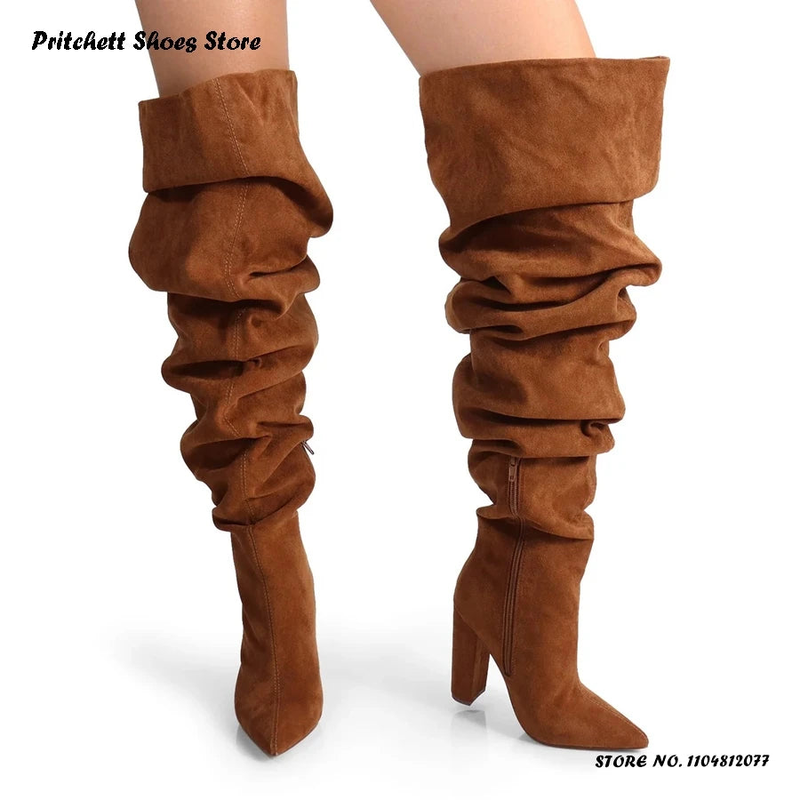 Camouflage Pleated Over-the-knee Boots Pointed Toe Chunky Heel Spring Summer Women's Shoes Street Style Pull On Thigh Boots