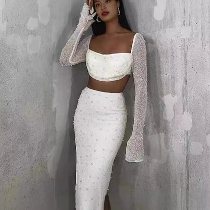 Luxury Y2k Bodycon Sexy Two-piece Set Skirt Sets Sequins Pearls Women Outfits Evening Party Gowns Chic Dresses Short Suits White