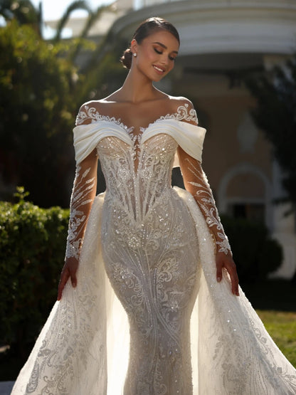 2026 New Detachable Train Embroidery Beaded Wedding Dress Long Sleeved Lace Bridal Gown Customized Dreamy Dresses For Bride