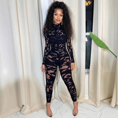 FAGADOER Sexy Lace See Through Patchwork Bodycon Jumpsuits for Woman Hollow-out Long Sleeves Rompers Female Streetwear Overalls