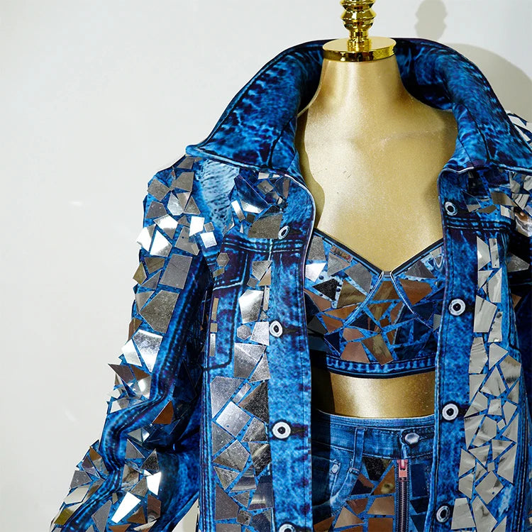 Blue Cowboy Mirror Jacket Women Shiny Stage Performance Costume Party Dance Nightclub Rave Singer DJ Hip Hop Dance Outfit
