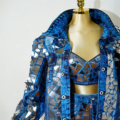 Blue Cowboy Mirror Jacket Women Shiny Stage Performance Costume Party Dance Nightclub Rave Singer DJ Hip Hop Dance Outfit
