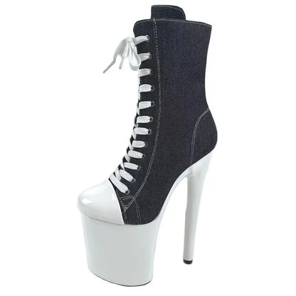 15 17 20cm Super High Nightclub Platform Heels Strappy Canvas Women's  Ankle Boots Sexy Round Toe Pole Dance Shoes Ladies Boots