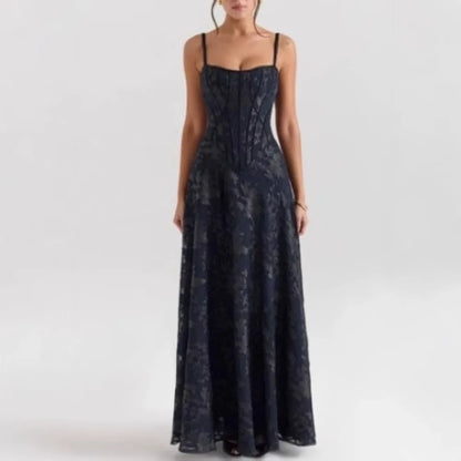 Women New European American Cami Strap Maxi Gown Tulle Floral Lace Applique Formal Prom Long Dress