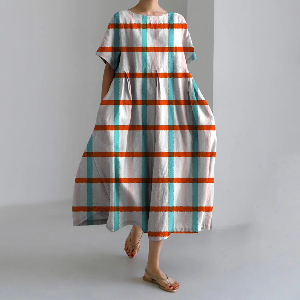 Holiday Casual Striped Printed Dresses Summer Women's Round Neck Short Sleeve Dresses Plus Size Pockets Elegant Party Dresses