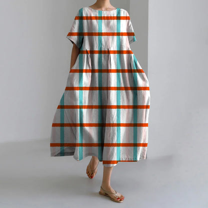 Holiday Casual Striped Printed Dresses Summer Women's Round Neck Short Sleeve Dresses Plus Size Pockets Elegant Party Dresses