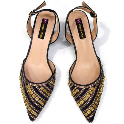 2025 Shiny Italian Fashion Pointed Toe Women Heel Fashion Rhinestone Decoration Fuchsia Color Shoes And Bag Set