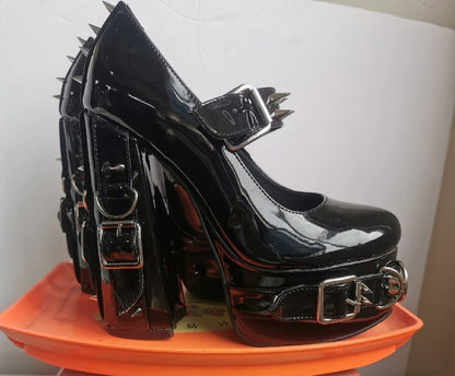 Punk Style Black Rivet Buckle High Heels Women's Trendy Gothic Sizes 36-47 Waterproof Platform Belt Buckle Thick Heel Nude Shoes