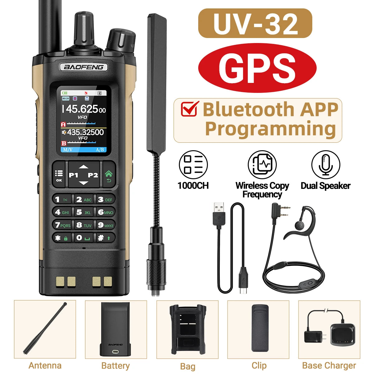 BAOFENG UV-32 Walkie Talkie GPS Multi Band 10W Bluetooth Wireless Programming Copy Frequency 1000CH Long Range Ham Two Way Radio