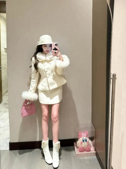 Winter French Elegant Women's Sets Korean Fashion Vintage Design 2 Piece Set Slimming Fur Collar Suits Chic Outfit Woman Clothes
