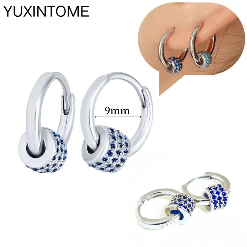 925 Sterling Silver Needle Dark Blue Crystal Silver Earrings Women's Exquisite Heart Blue Pendant Hoop Earrings Luxury Jewelry