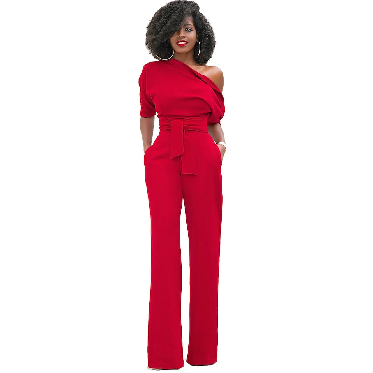 2024 Summer New Fashion Women's Jumpsuit Solid Color Slanted Shoulder Elegant Temperament Sleeveless Long Wide Leg Jumpsuit