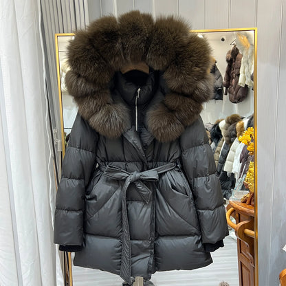Women Winter Long Down Jacket Genuine Fox Fur Large Collar Hooded Slim Fit Waist Belt Warm Fashion Versatile Casual Winter Coat