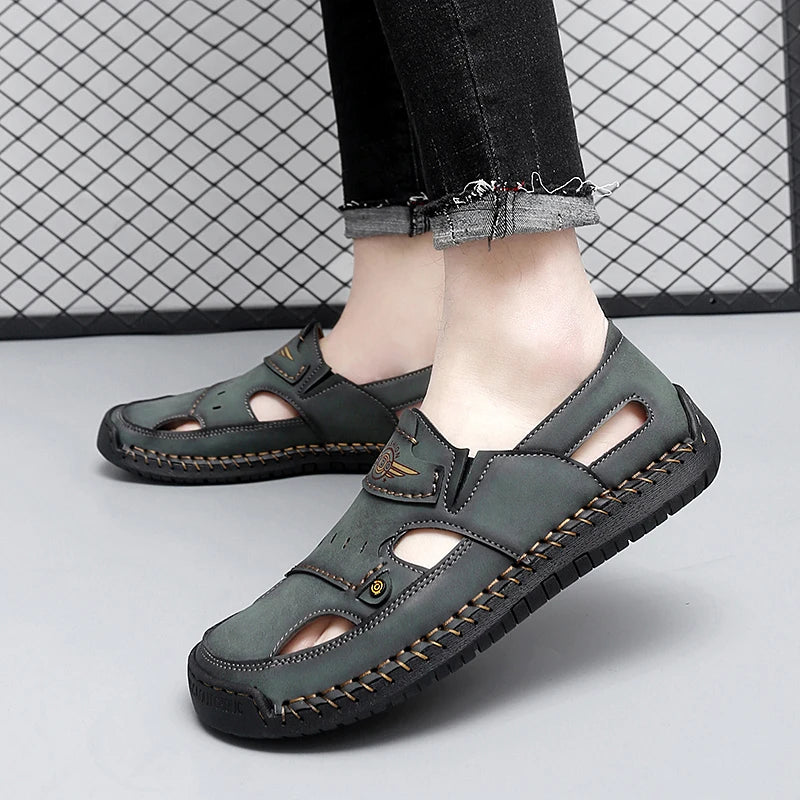 Mens Walking Shoes Summer Breathable Leather Hand Sewn Minimalist Baotou Flat Shoes Soft Elastic Daily Casual Male Sandalia