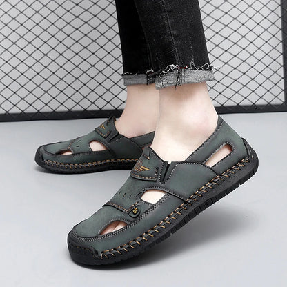 Mens Walking Shoes Summer Breathable Leather Hand Sewn Minimalist Baotou Flat Shoes Soft Elastic Daily Casual Male Sandalia