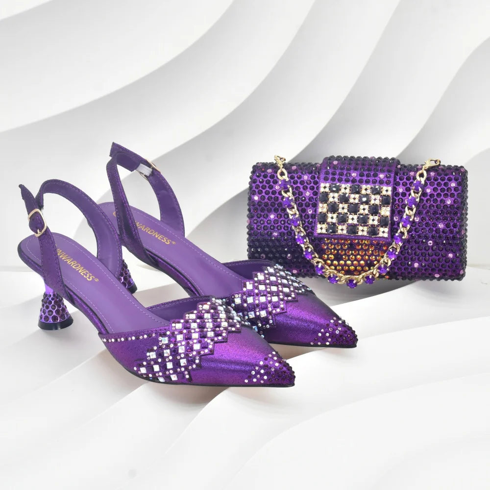 Women Nigerian Italian Shoes and Bags Set Decorated with Rhinestone Luxury Shoe and Bag Set for Party in Women Ladies Pumps