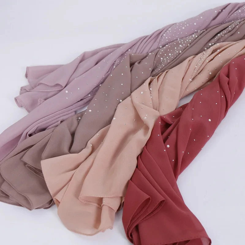 180*70CM New Plain Diamond Beads Bubble Chiffon Instant Hijab Shawls Solid Thick Head Wraps Foulard Sjaal Muslim Bonnet Cachecol