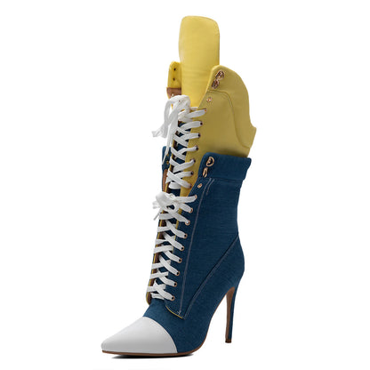 Color Block Denim Stiletto Mid Calf Boots Contrast White Toe Yellow Fold Over Cuff Front Lace Up Slim Heel Booties Women Punk