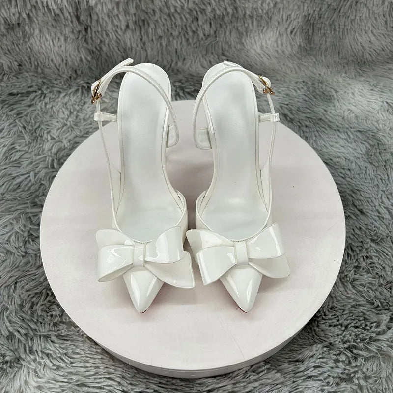 New white bow high-heeled shoes with women's patent leather pointed and slender heels, sexy and elegant, perfect for commuting