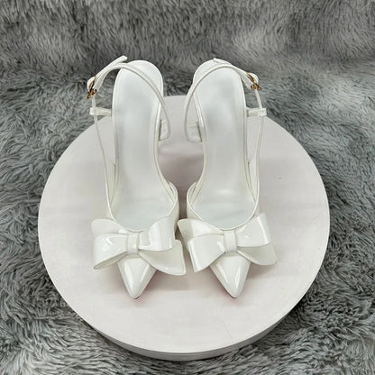 New white bow high-heeled shoes with women's patent leather pointed and slender heels, sexy and elegant, perfect for commuting