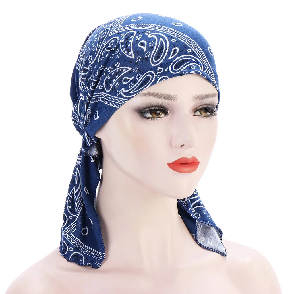 2026 New Trendy Print Muslim Fashion Hijab Turban Bonnet Long Tail Head Wraps Soft Elastic Hijab Hats Chemo Cap For Women Girls