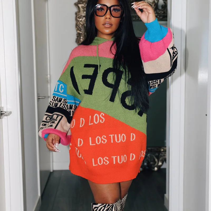 Oshfall European and American autumn and winter hooded drawstring long sleeves color matching letters loose long women's sweater