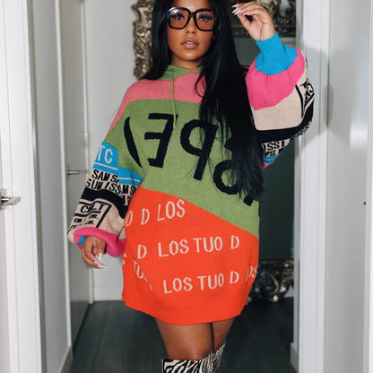 Oshfall European and American autumn and winter hooded drawstring long sleeves color matching letters loose long women's sweater